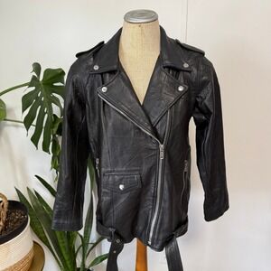 Deadwood Noma Biker Jacket Womens 36 Black Recycled Leather Moto Belted NEW